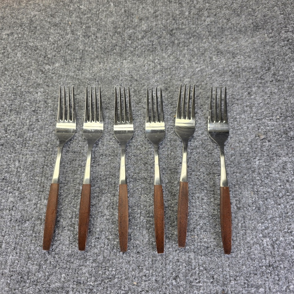 6 VINTAGE EKCO ETERNA CANOE MUFFIN DINNER FORKS, JAPAN STAINLESS STEEL FLATWARE